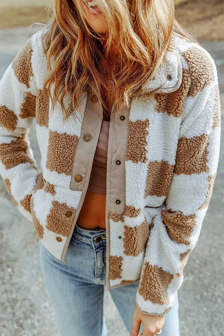 Women's Checkered Sherpa Jacket Plaid Patchwork Warm Fleece Jacket Coat