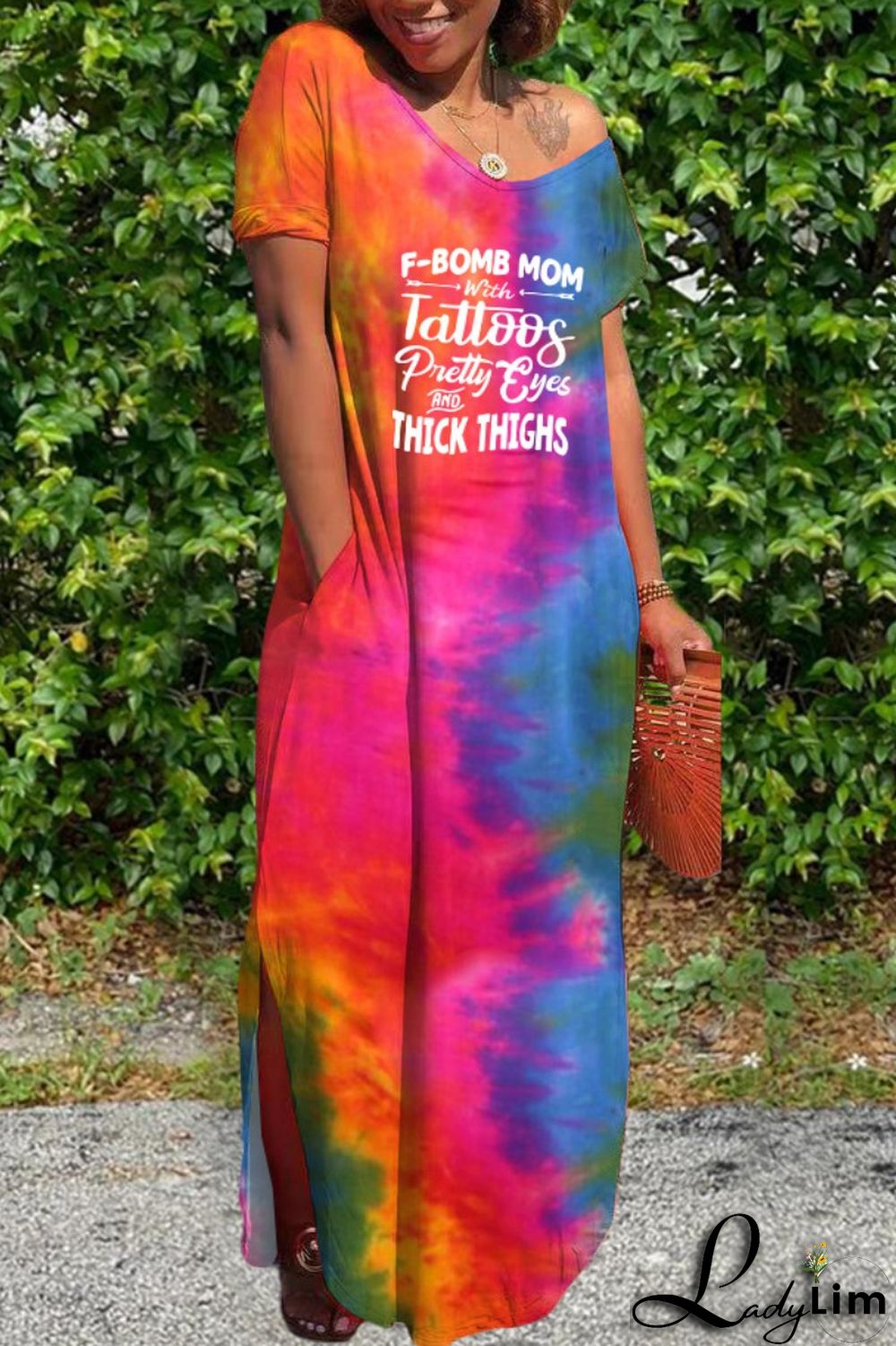 Pink Casual Letter Print Tie-dye V Neck Short Sleeve Dress Dresses