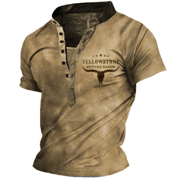 Men's Vintage Western Yellowstone Henley Collar T-shirt