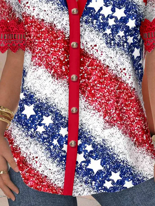 Women Short Sleeve V-neck Striped Printed Graphic Lace Hollow Stitching Button Tops