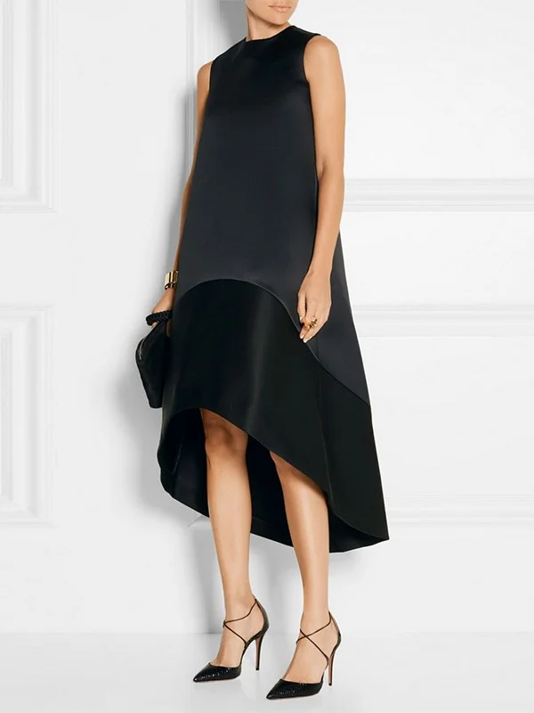Split-Joint Solid Color Sleeveless Loose Round-Neck Midi Dresses