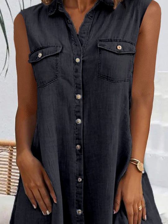 Women Sleeveless Shirt Collar Solid Button Pockets Denim Midi Dress