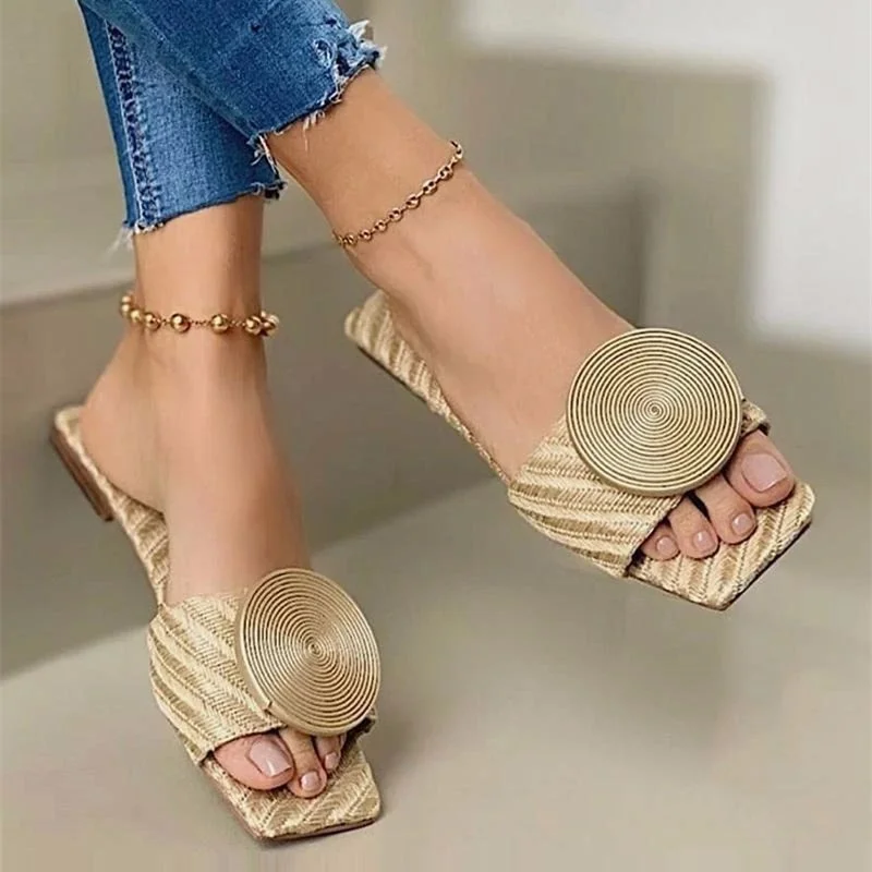 Qengg Qengg Summer Fashion Large-Size Round-Button Flat Bottom Leisure Beach Cool Slippers Women's Shoes