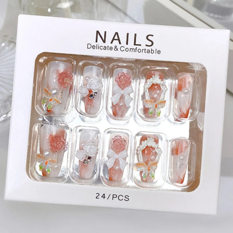 Aiertu 24Pcs Valentine Nails Press on Love Y2k Acrylic Nails Sparkle Butterfly French Cat Eye Almond Full Cover Stick on False Nail Tip Aiertu