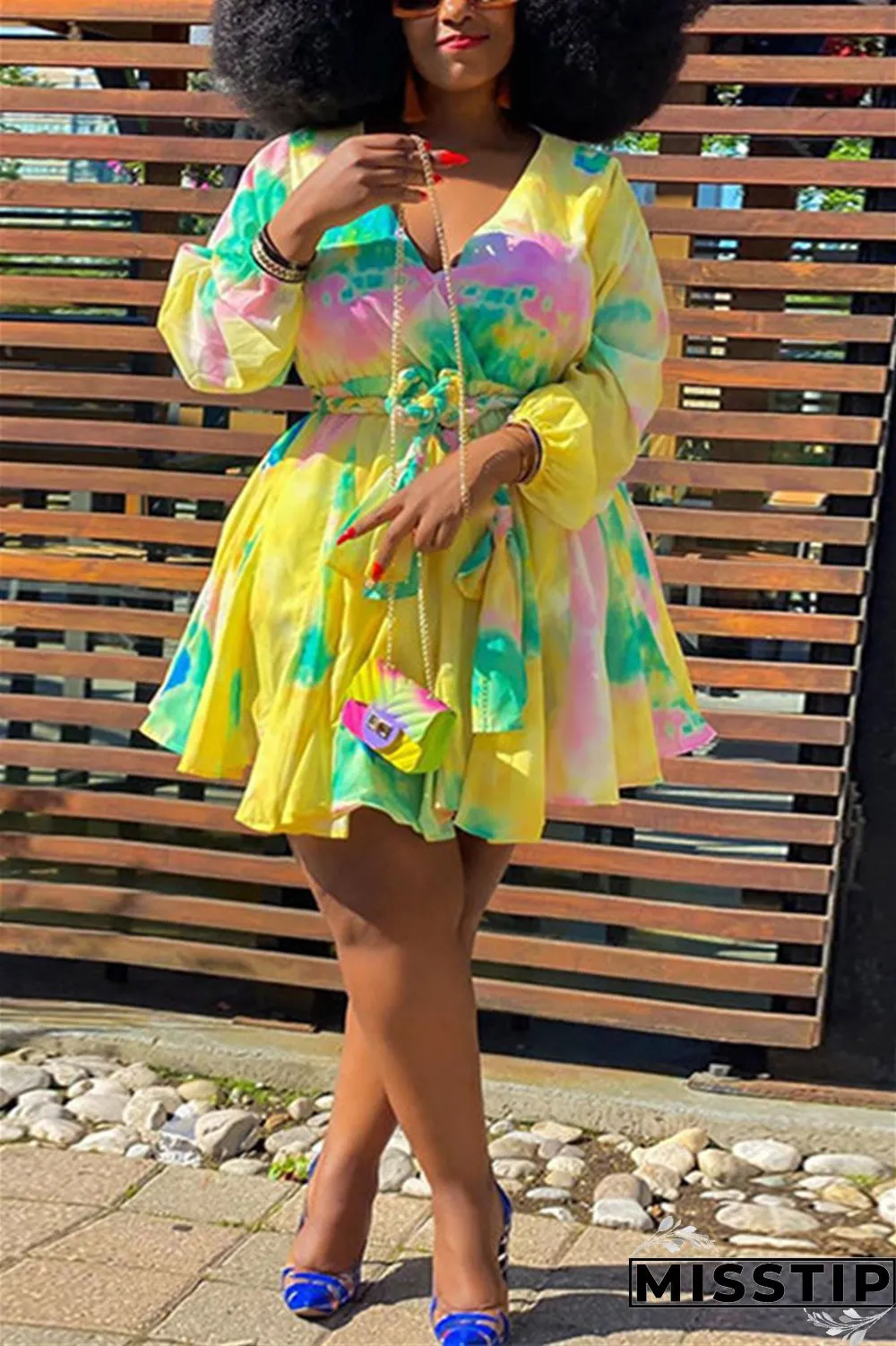 Orange Sexy Print With Belt V Neck A Line Plus Size