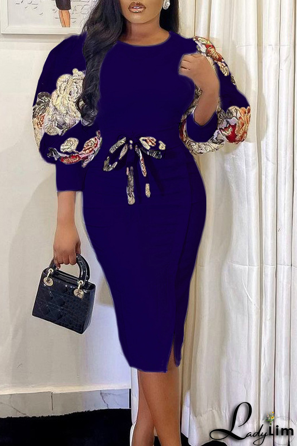 Royal Blue Fashion Print Patchwork O Neck Pencil Skirt Dresses