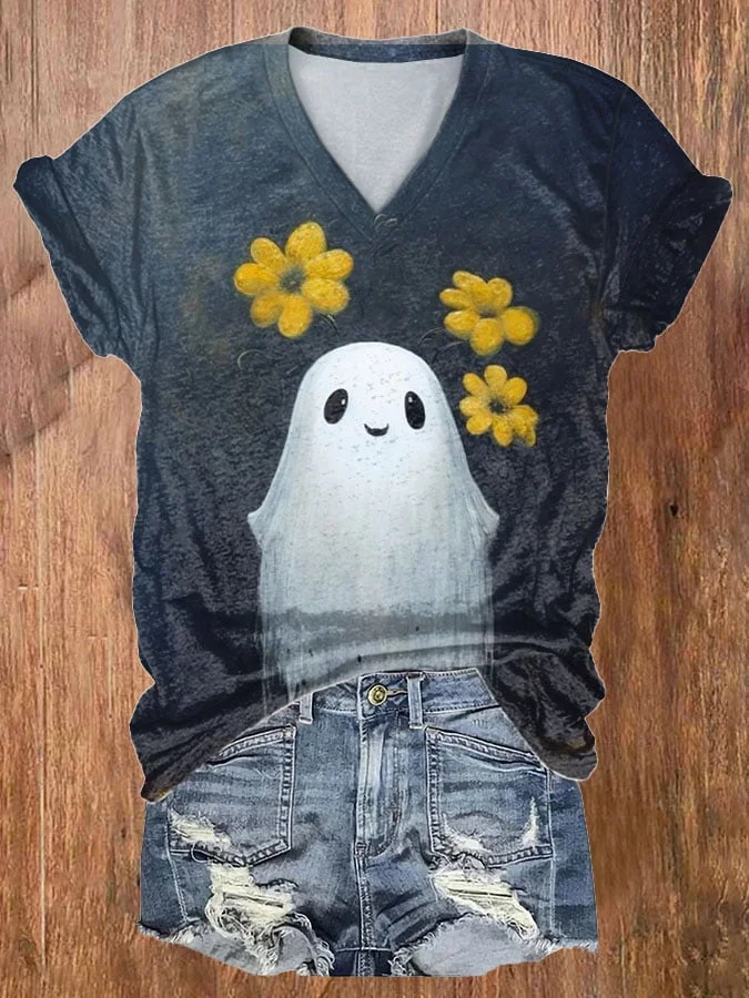 Women's Ghost Floral Print V Neck T-shirt