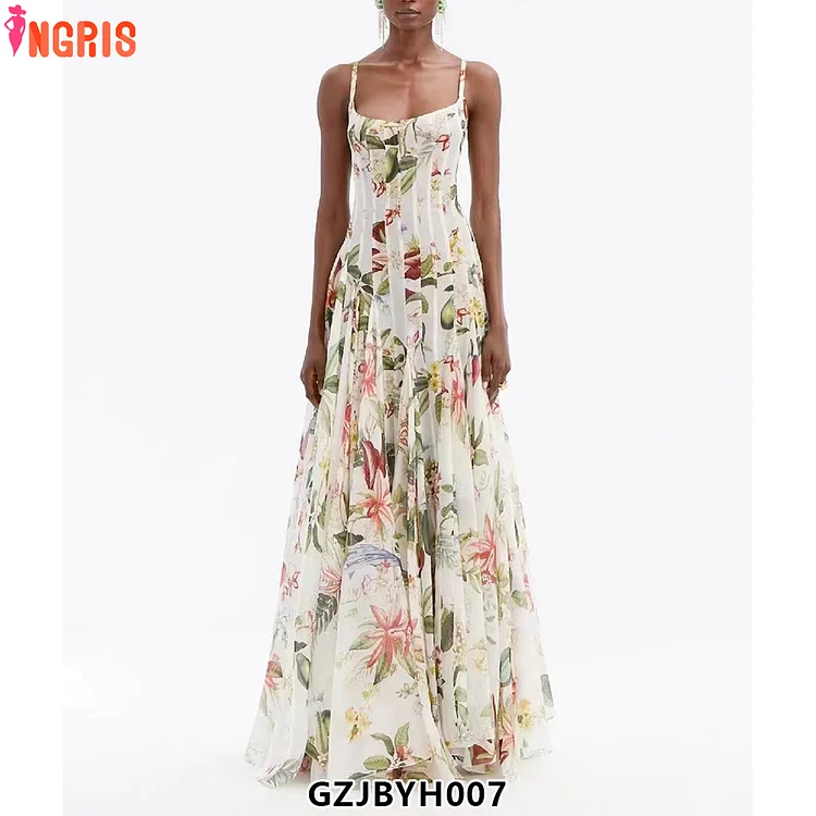 2025 New Beach Vacation Pleated Long Skirt Women's French Slim Printed Suspender Dress Wholesale Women's Clothing-GZJB007