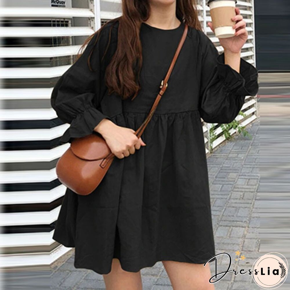 Womens Fashion Small Fresh Long Sleeve Neck Dress Early Autumn Dot Print Mini Ladies