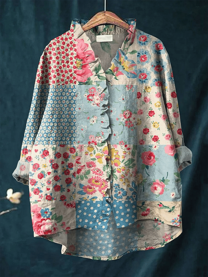 Women's Vintage Floral Patchwork Pattern Art Print Casual Cotton And Linen Ruffle Shirt 