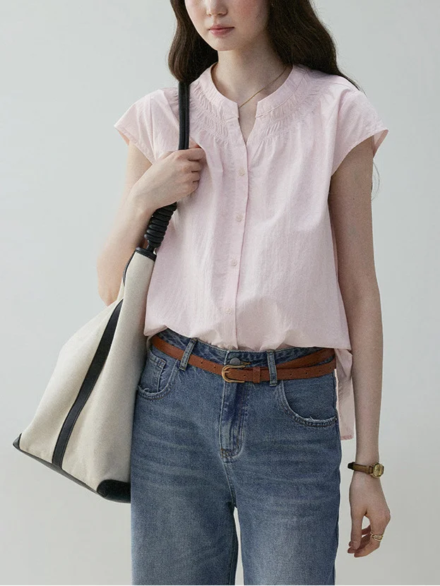 Athvotar Athvotar Round Collar Small Flying Sleeve Commuting Shirt Women 25 Summer French Loose Pressure Fold Design Sense Casual Good-Looking Top