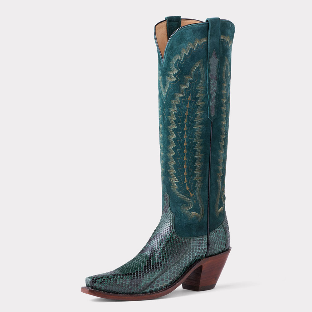 Dark Teal Faux Suede Low Block Heel Snakeskin Snip Toe Western Boots Nicepairs
