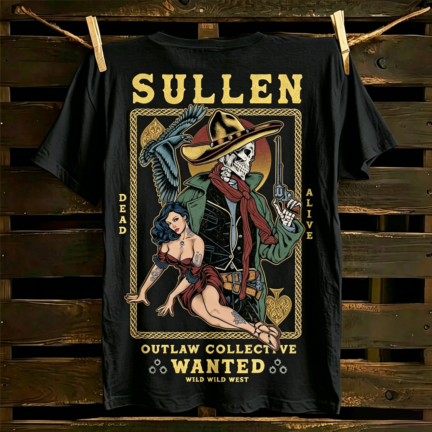 Wild West Skull Sullen Outlaw Wanted Cowboy Graphic T-Shirt