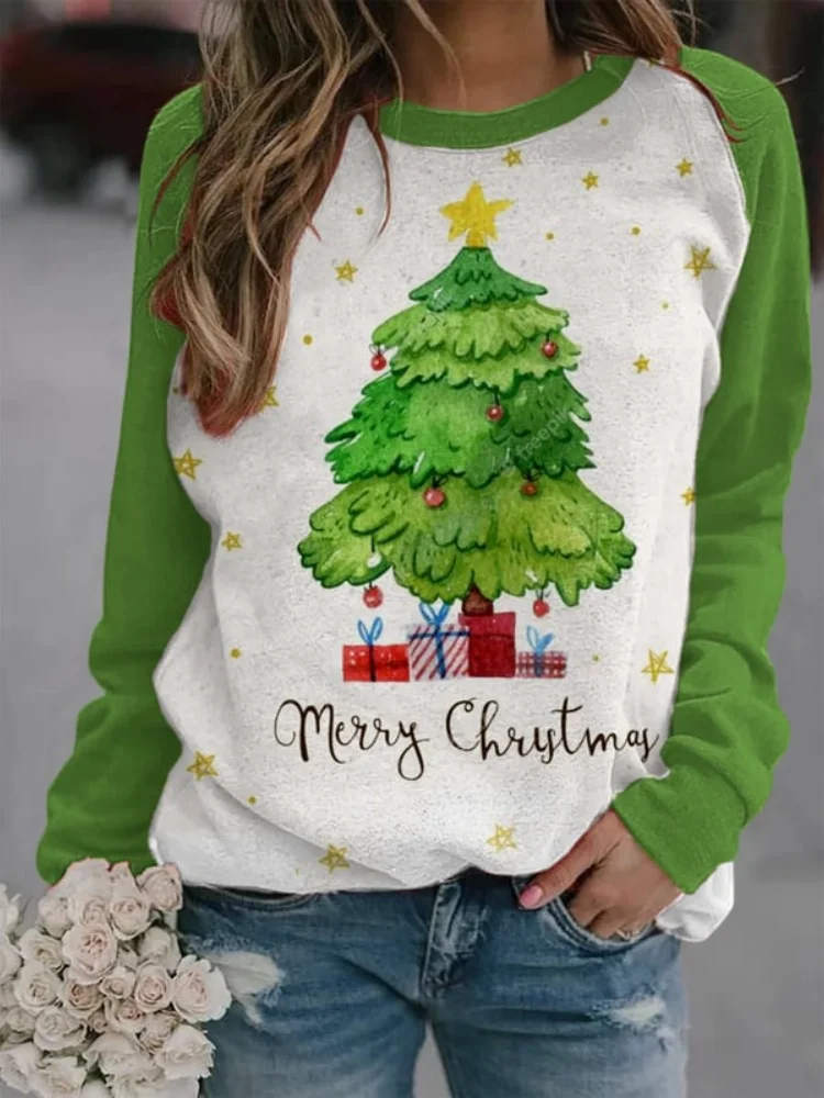 Wearshes Merry Christmas Tree Gift Print Casual Sweatshirt