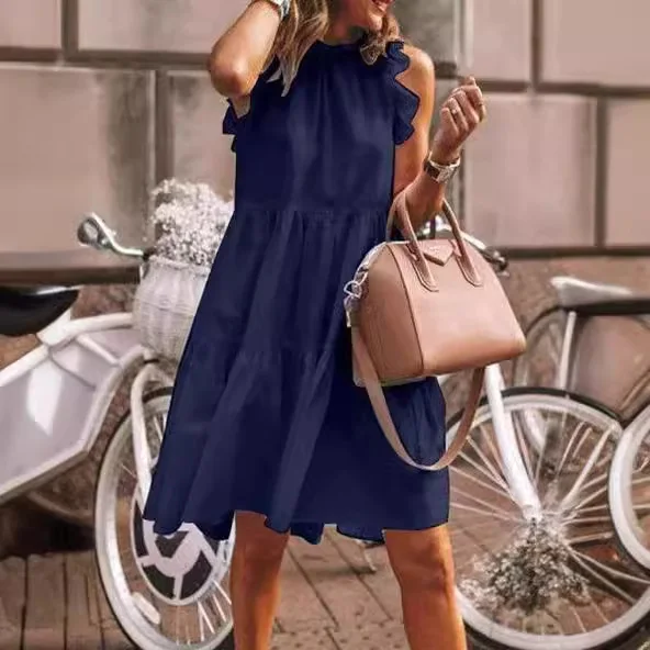 Wongn Wongn Summer Leisure Leisure Loose Sleeveless Pressure Pleated Stitching Solid Color Large Swing Round Collar Dress