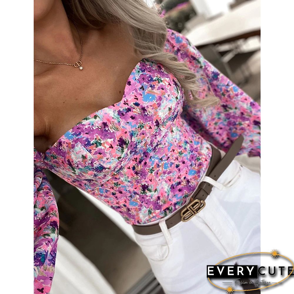 Light Purple Floral Print Off Shoulder Puff Sleeves Tops