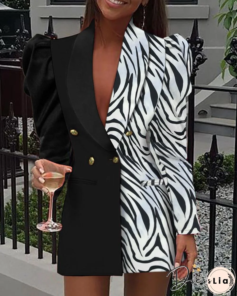 Zebra Stripe Colorblock Shawl Collar Puff Sleeve Double Breasted Blazer Dress