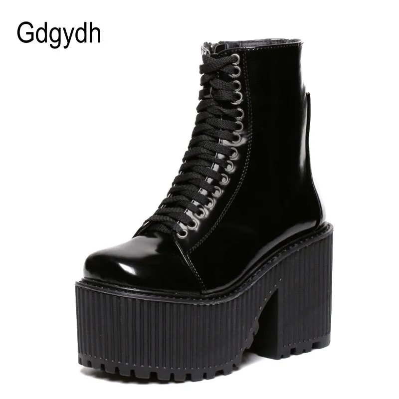 Gdgydh Fashion Ankle Boots For Women Platform Shoes Punk Gothic Style Rubber Sole Lace Up Black Spring Autumn Chunky Boots Woman