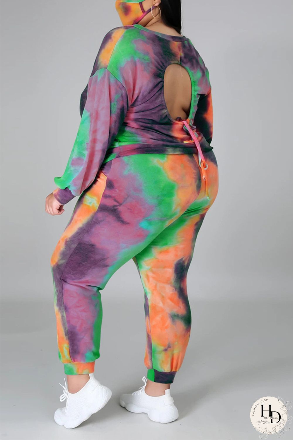 Dark Blue Fashion Casual Print Tie Dye Tie-dye Backless O Neck Plus Size Set