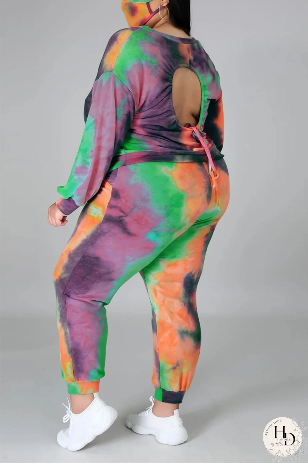 Dark Blue Fashion Casual Print Tie Dye Tie-dye Backless O Neck Plus Size Set