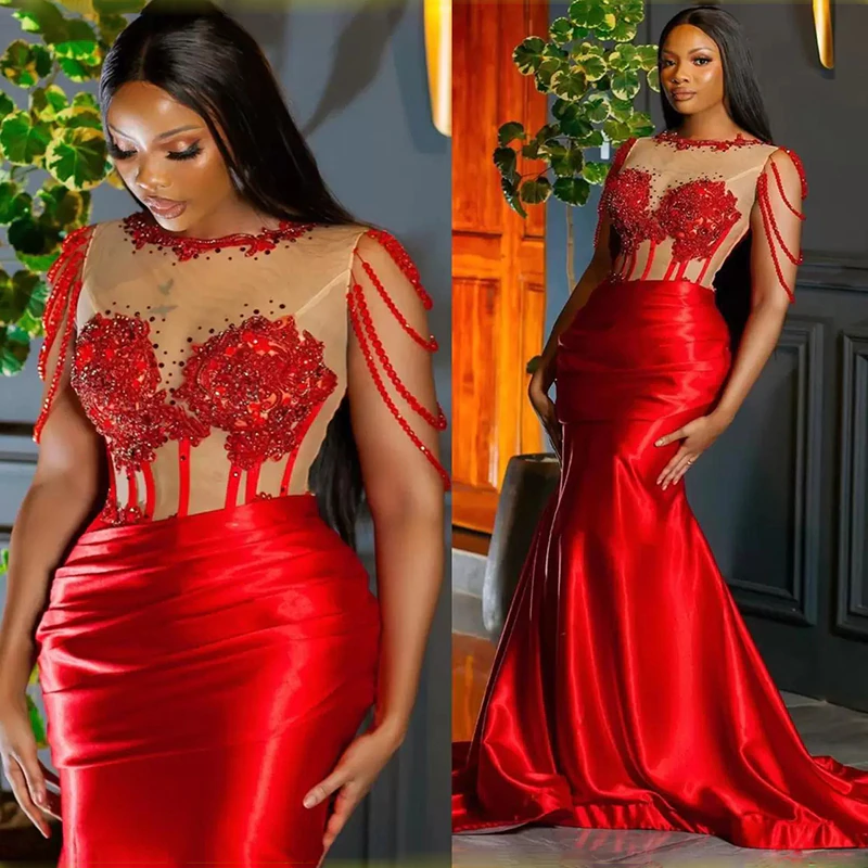 Oknass Luxury Red Crew Neck Sleeveless Mermaid Pleated Long Prom Dress With Beadings