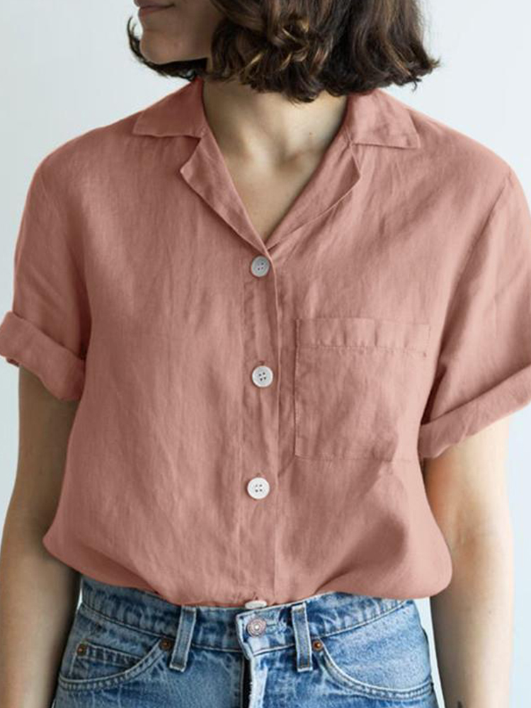 Comstylish Solid Color Pocket Linen Blend Short Sleeve Shirt