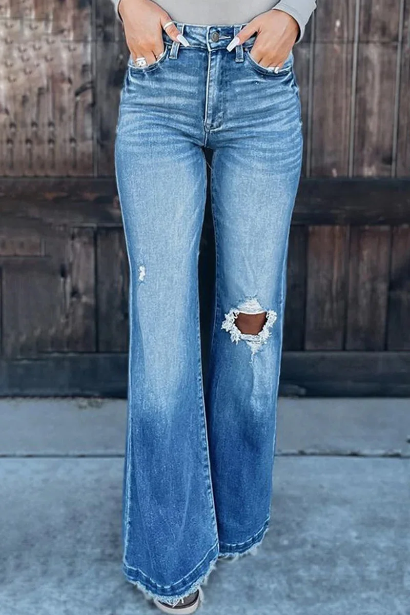 Street Solid Ripped High Waist Boot Cut Denim Jeans