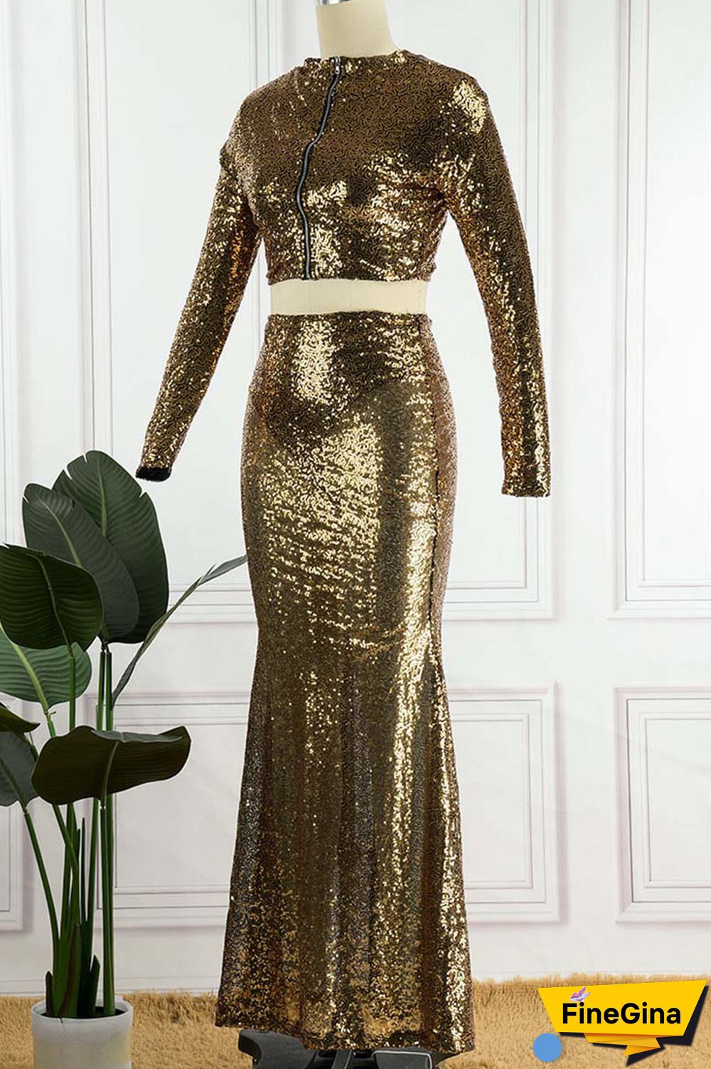 Champagne Sexy Solid Sequins Patchwork O Neck Long Sleeve Two Pieces