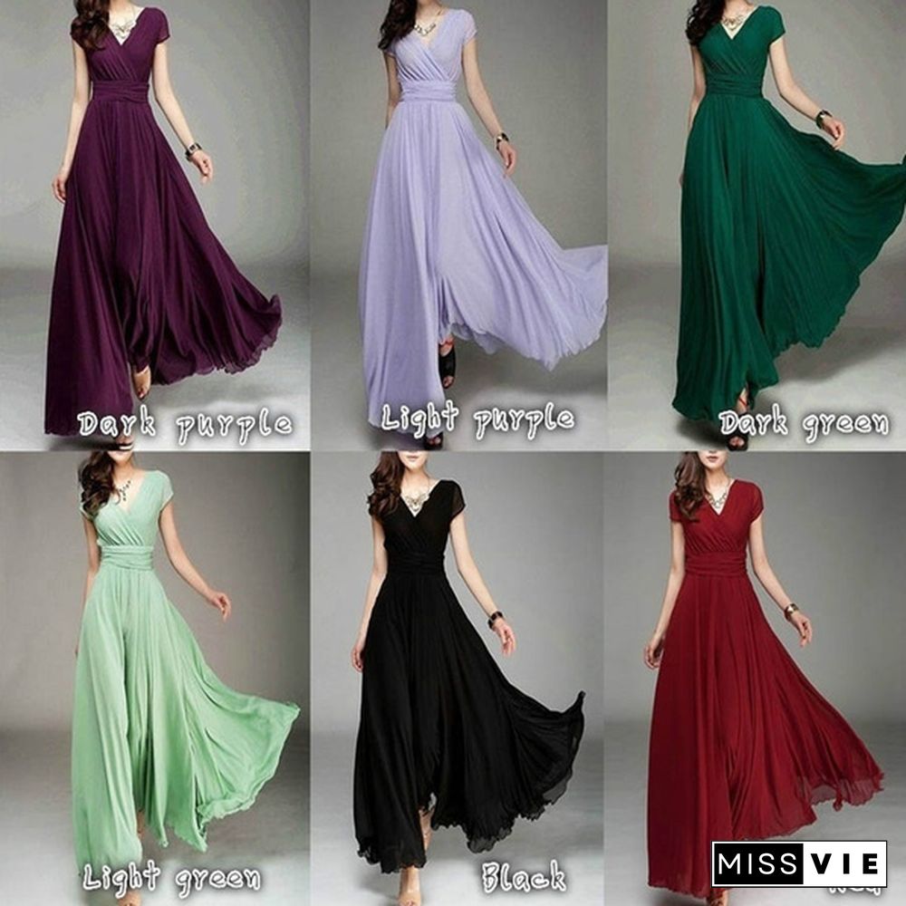 Womens Fashion Spring Summer Autumn Bohemian Maxi Dress Beach Evening V-Neck Sexy Women