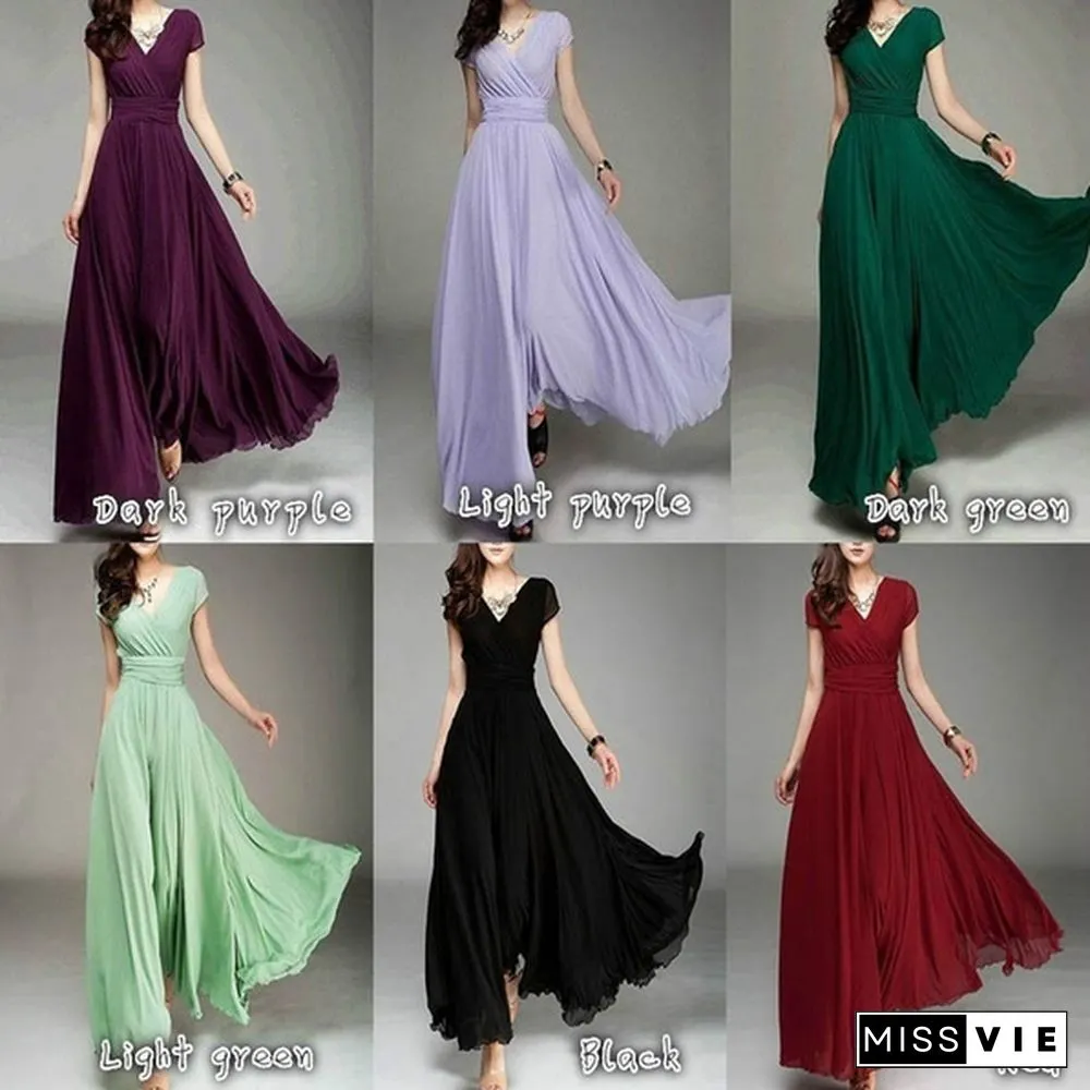 Womens Fashion Spring Summer Autumn Bohemian Maxi Dress Beach Evening V-Neck Sexy Women