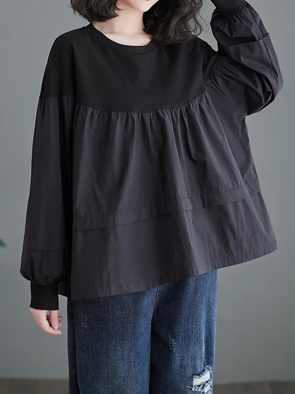 Split-Joint Pleated Puff Sleeves Loose Round-Neck T-Shirts Tops