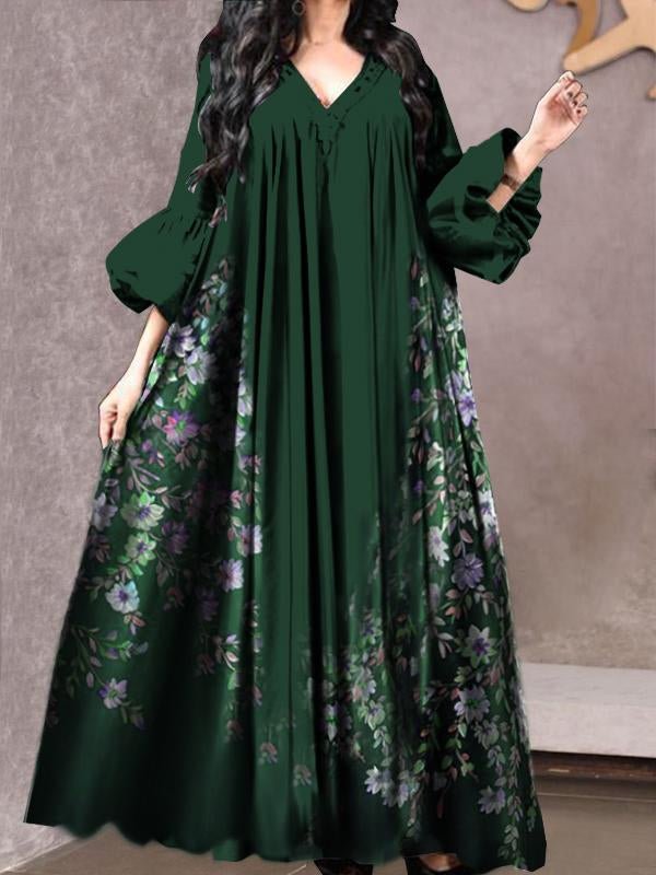 Plant print green pleated ruffle sleeve long dress [PRE-ORDER]