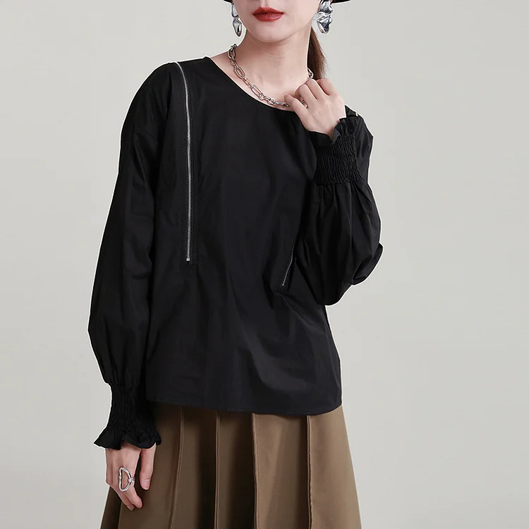 Casual Splicing Zipper Puffy Sleeve Round Neck Shirt - yankia