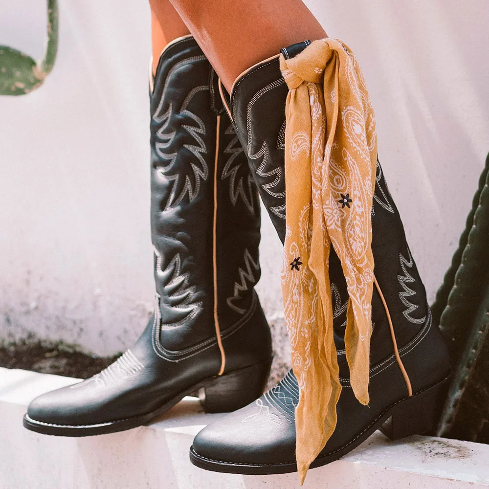 Black Chunky Heel Embroidered Mid-Calf Western Boots for Women