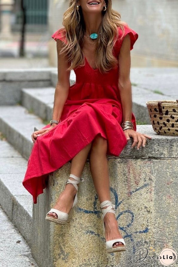 V-neck Waist Ruffled Short Sleeves Loose Hem Long Dress