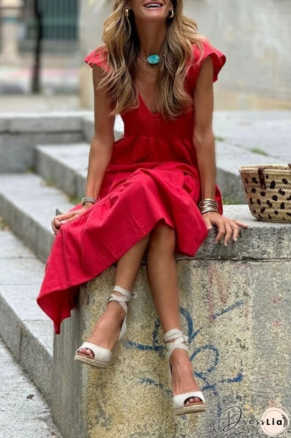 V-neck Waist Ruffled Short Sleeves Loose Hem Long Dress