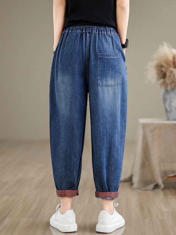 Women's loose Casual Vintage Patch Embroidered Oversized Jeans Pants