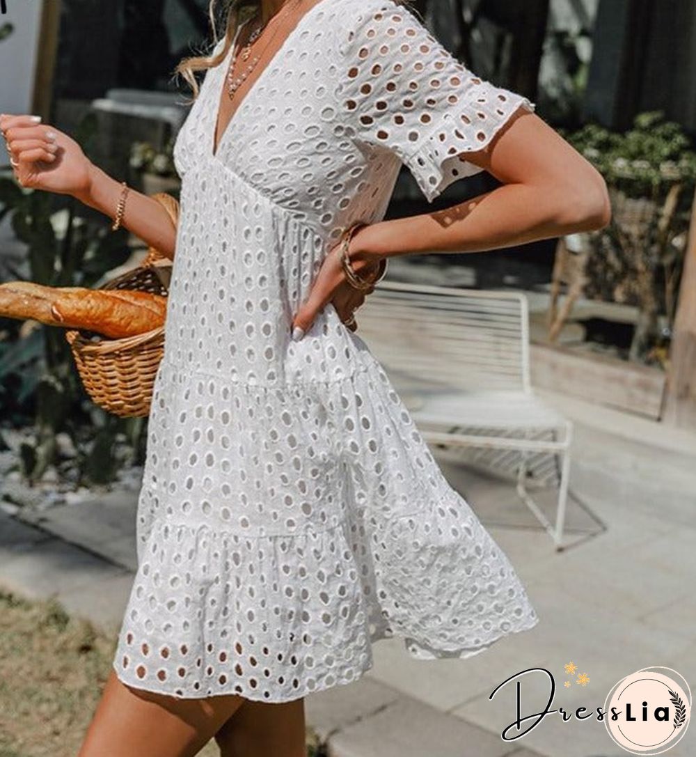 Sexy v-neck lace stitching white dress summer new Short-sleeved solid women casual Fashion