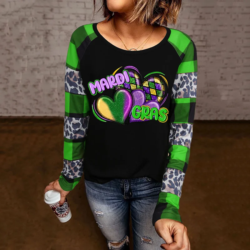 Mardi Gras Heart Print Causal T-Shirt