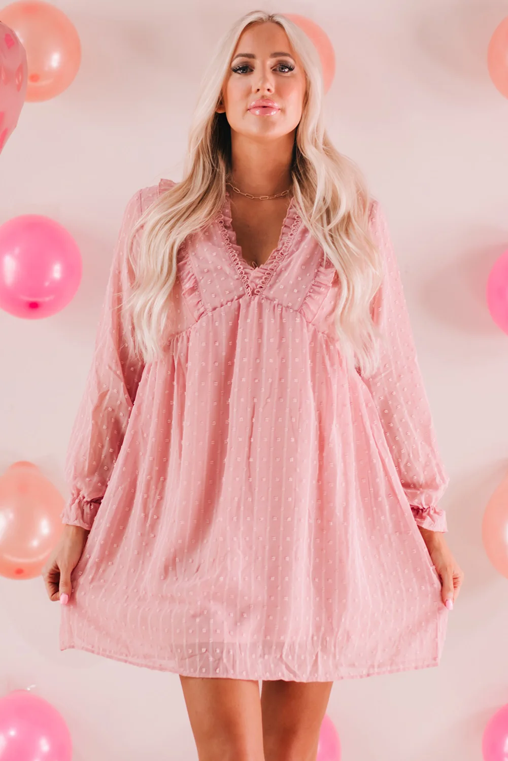 Pink Swiss Dot Ruffle V Neck Mini Dress | IFYHOME