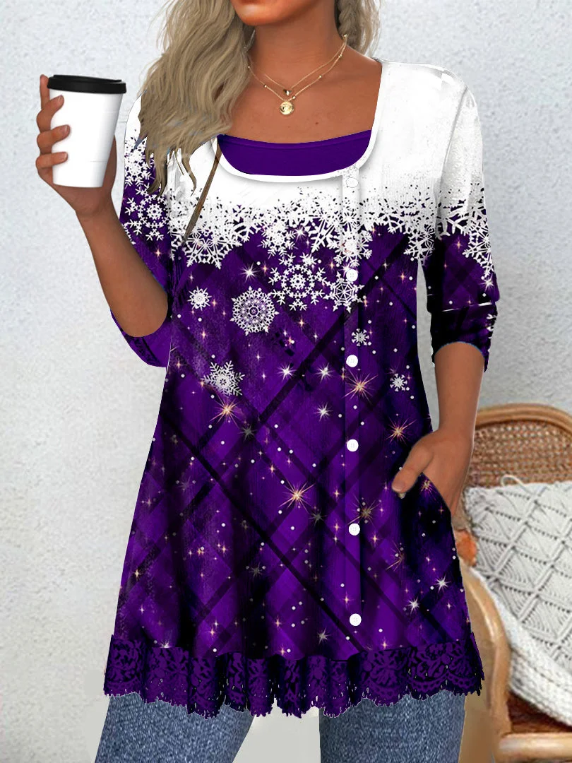 Women Long Sleeve Scoop Neck Snowflake Printed Graphic Lace Button Pockets Tops