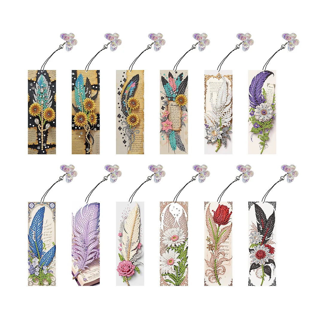 12Pcs Feathers Flowers DIY Diamond Art Painting Bookmark for Reading Enthusiasts