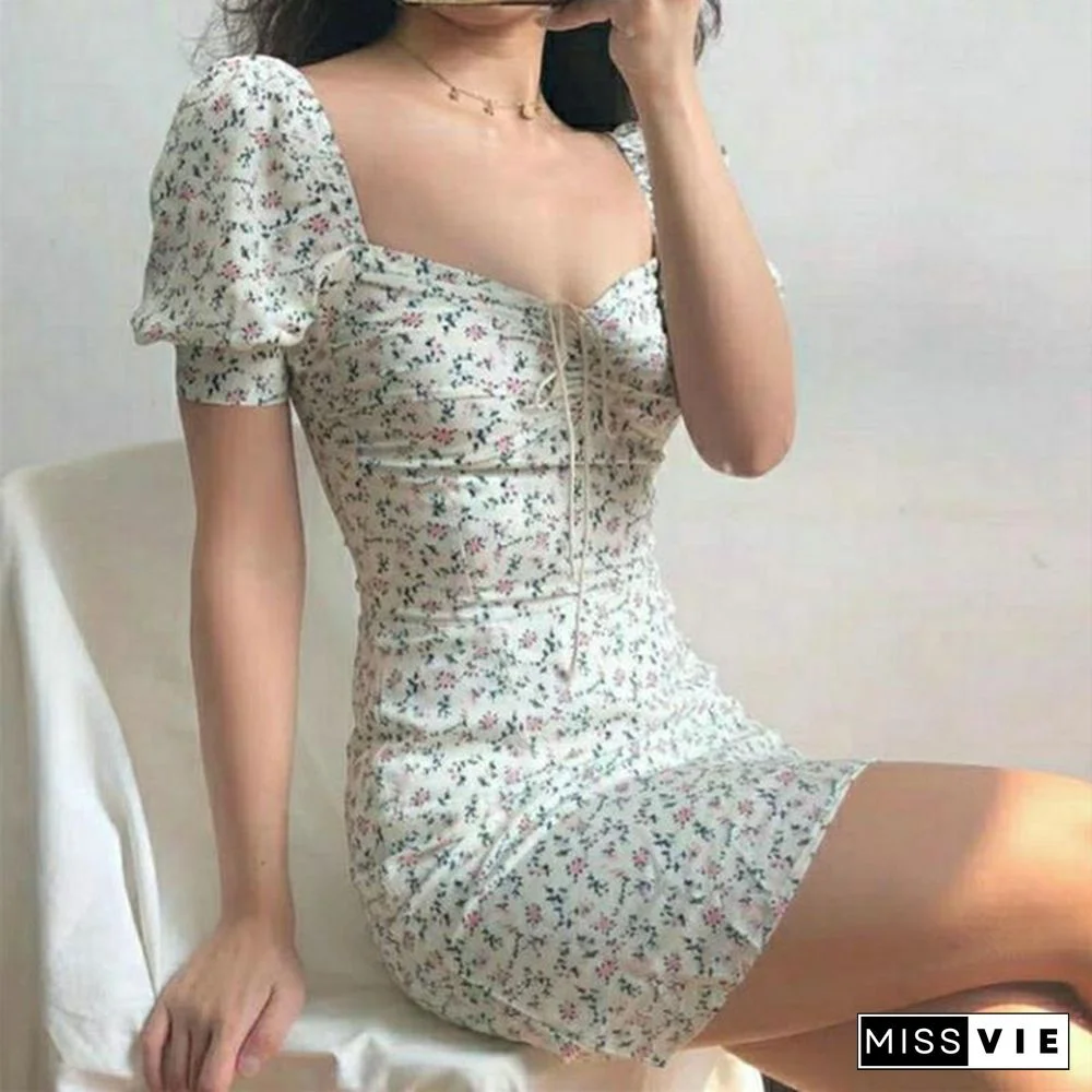 Summer Dress Retro Boho Women Tie Neck Floral Print Mini Sexy White Dress Elegant Puff Sleeve Dresses