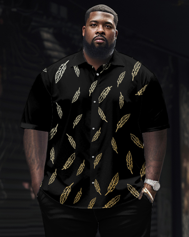 Leaf Pattern Large Size Classic Print Men's Short Sleeve Trousers Set