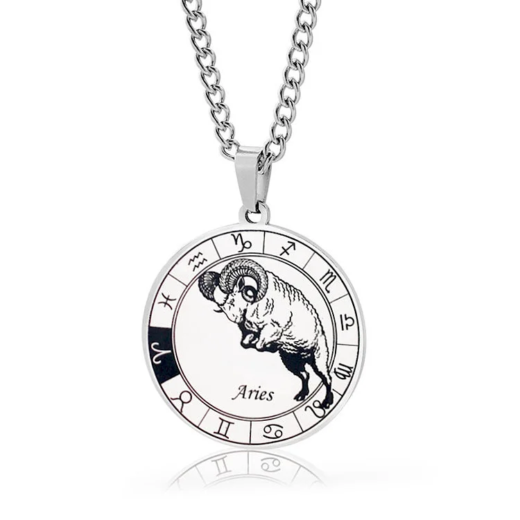 Aries - Classic Zodiac Round Pendant Necklace in Steel 
