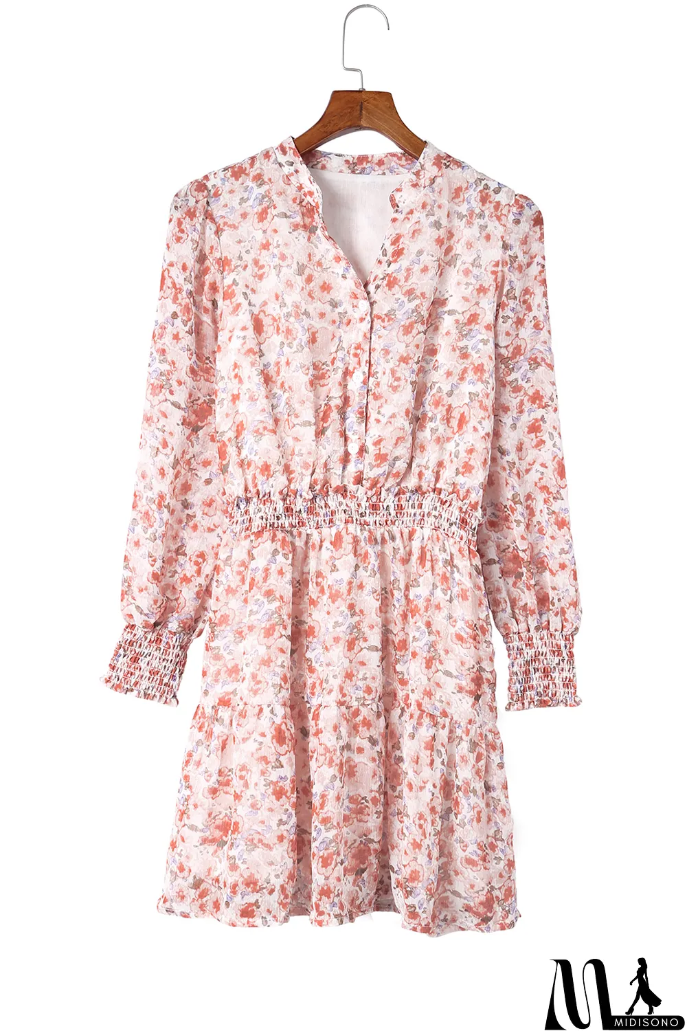 MidiSono - Red Shirred High Waist Floral Mini Dress