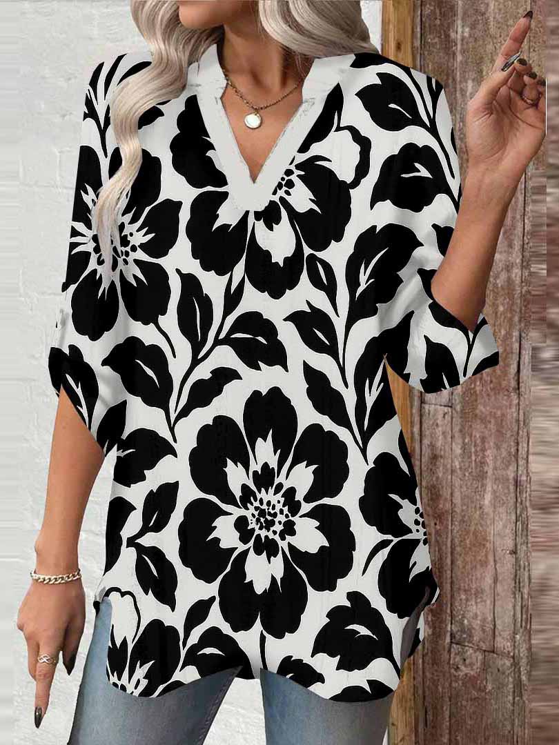 Women Floral, Black, White DZGA0136 3/4 Sleeve V-neck Printed Graphic Button Tops
