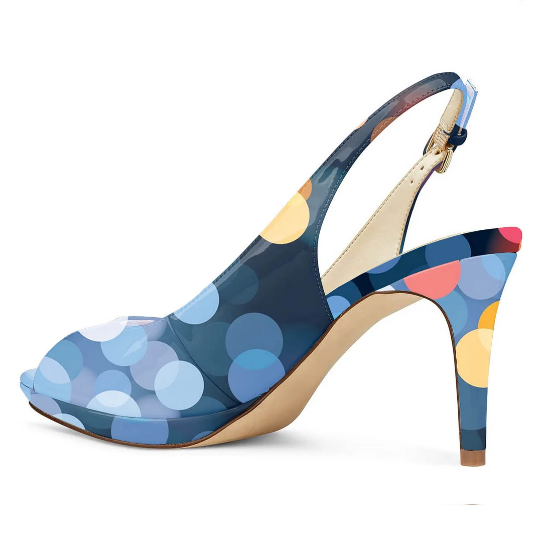 Blue Patent Leather Colorful Printed Elegant High Heel Sandals