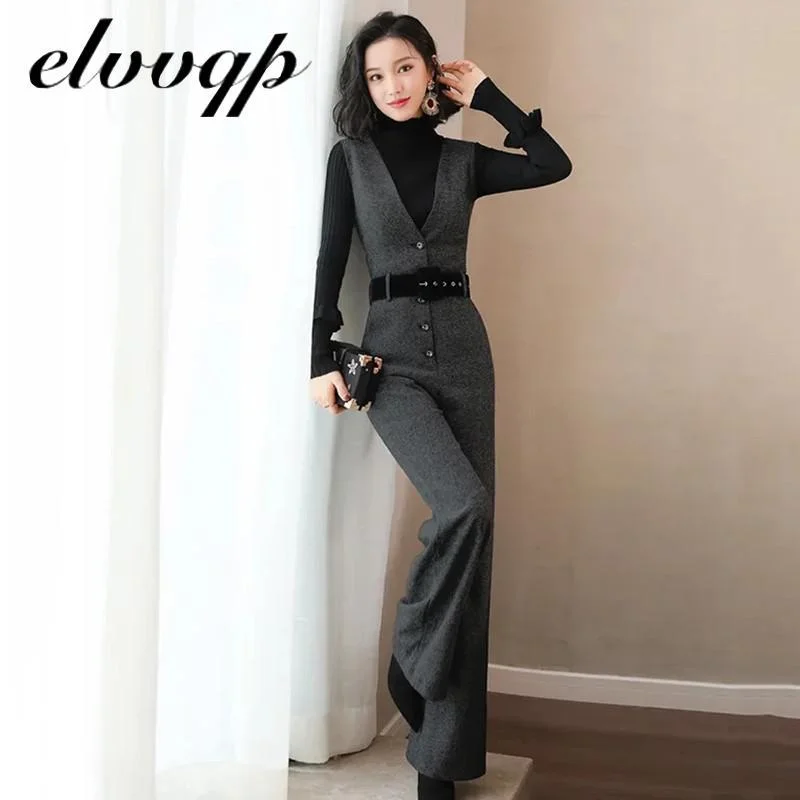 Spring Womens Woolen Overalls Woolen Vest Jumpsuit For Office Lady Elegant Business Suit Wide Leg Pants Women Fashion Clothing