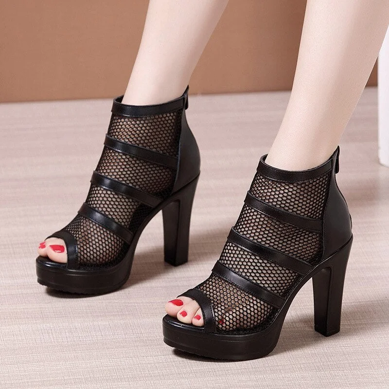 GKTINOO 2022 Peep Toe Sandal Boots Mesh Summer Heels Women's High Heeled Platform Shoes Hollow out Square Heel Back Zip Black